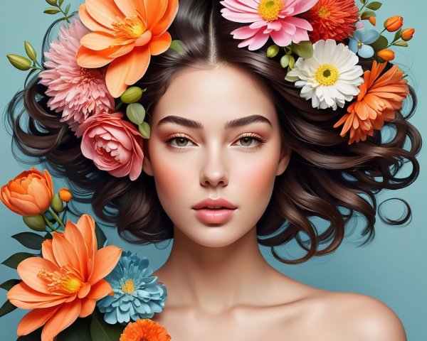 Young woman with flowers in wavy hair and blue background