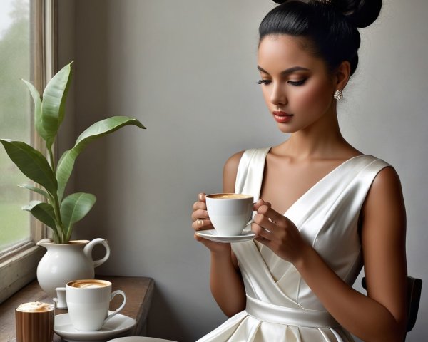 Elegant Woman in Satin Gown by Window with Coffee