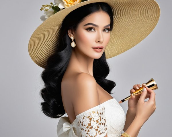 Woman in Elegant White Dress with Straw Hat and Makeup Brush