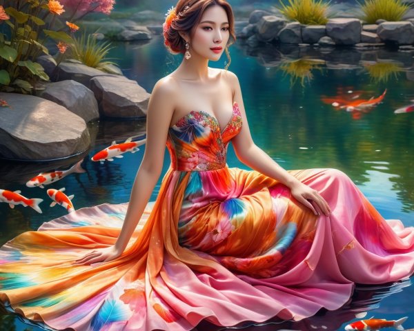 Woman in Vibrant Dress by Tranquil Pond with Koi Fish