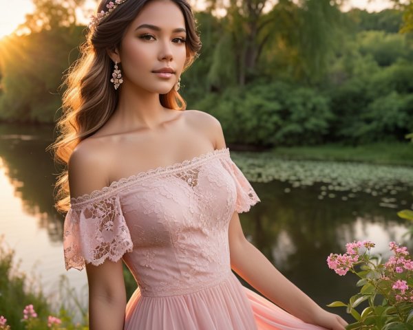 Young Woman in Pink Gown by Serene Sunset River
