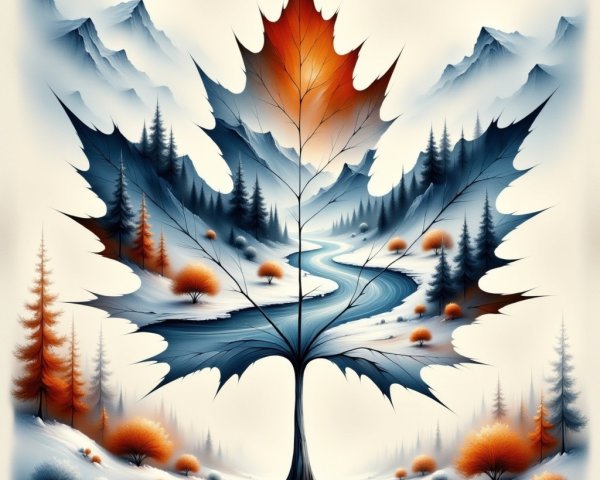 Artwork of a maple leaf transforming into a tree