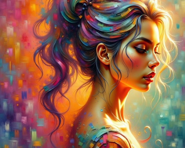 Serene Woman Against Vibrant Abstract Background