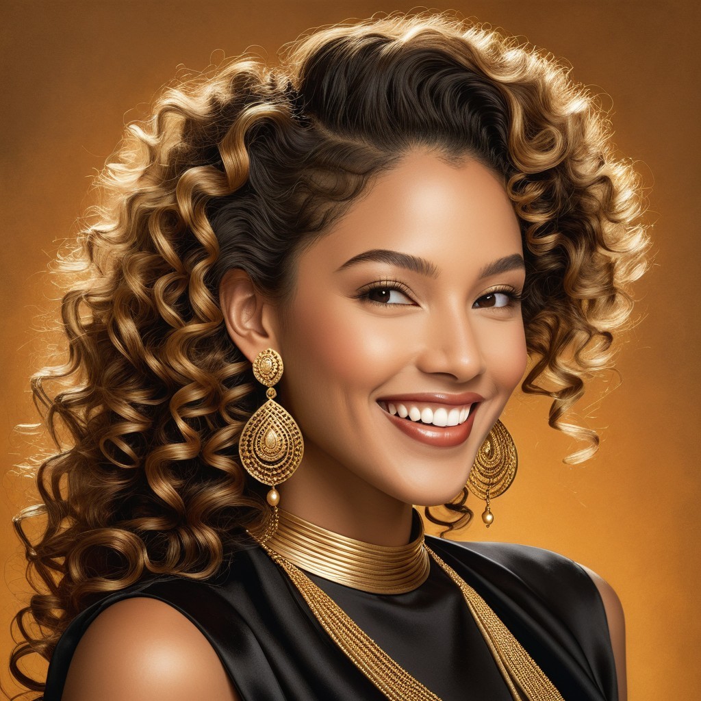 Confident Woman with Curly Hair and Elegant Jewelry
