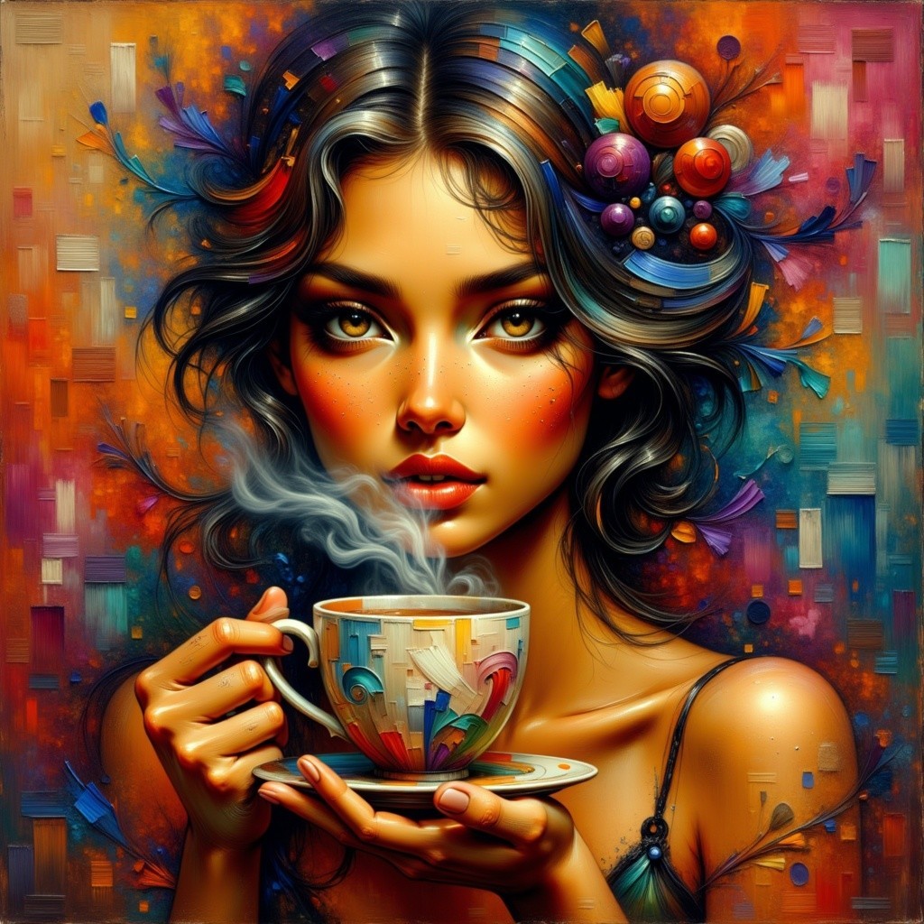 Vibrant Portrait of a Young Woman with Teacup