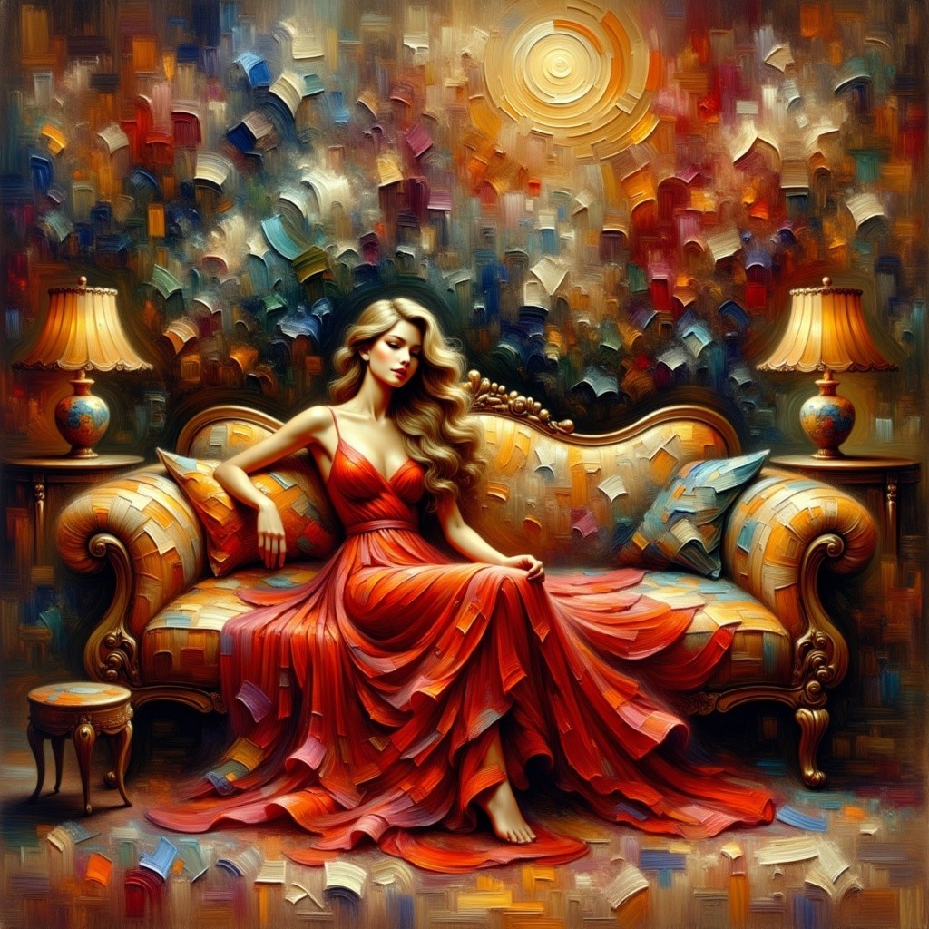 Impressionistic Painting of Woman on Colorful Sofa
