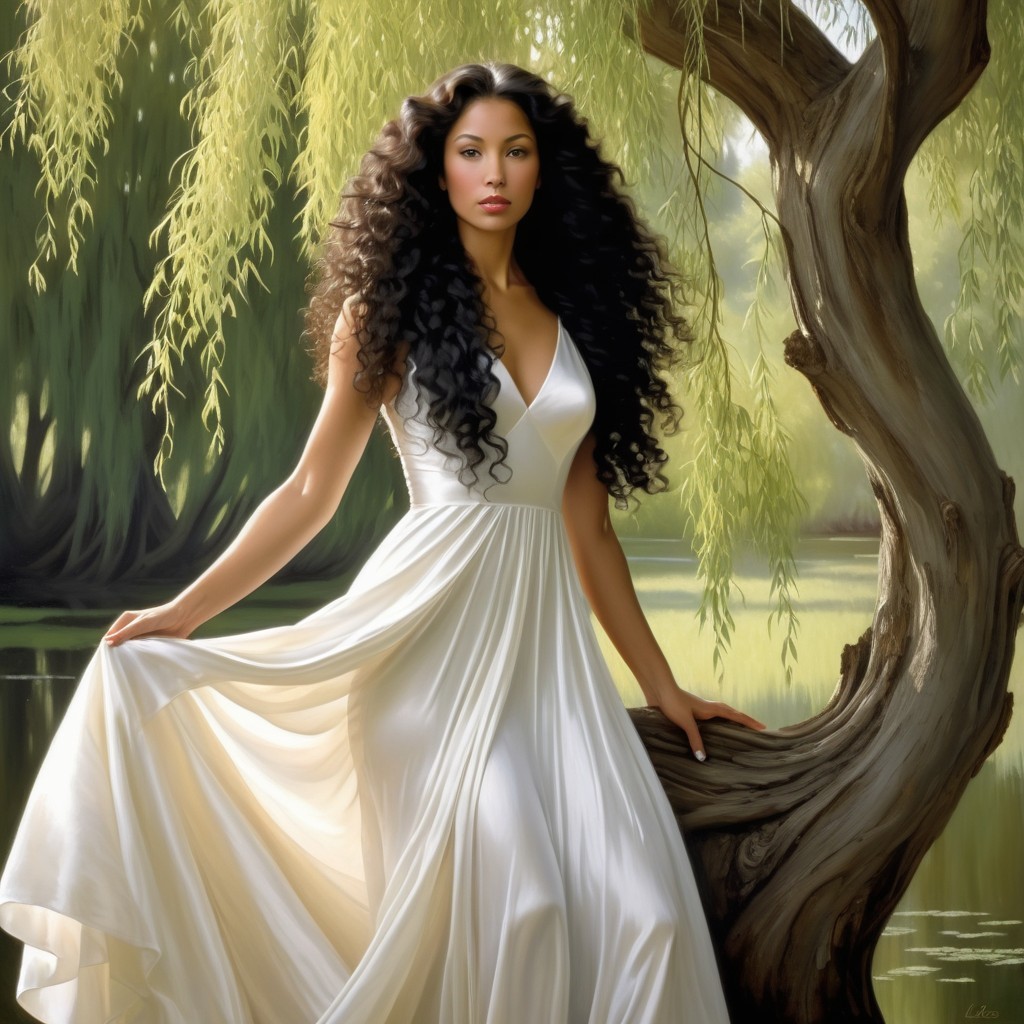 Woman in White Gown by Serene Pond with Willow Trees
