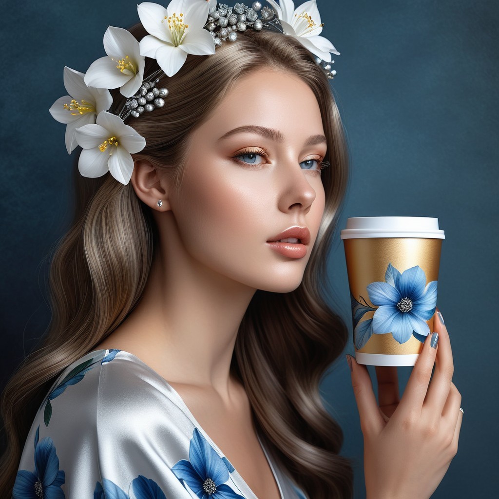 Young Woman with Floral Blouse and Coffee Cup