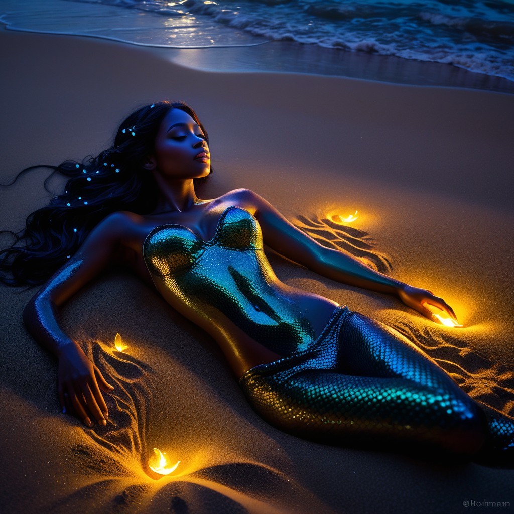 Mermaid on Beach with Illuminated Flowers at Twilight