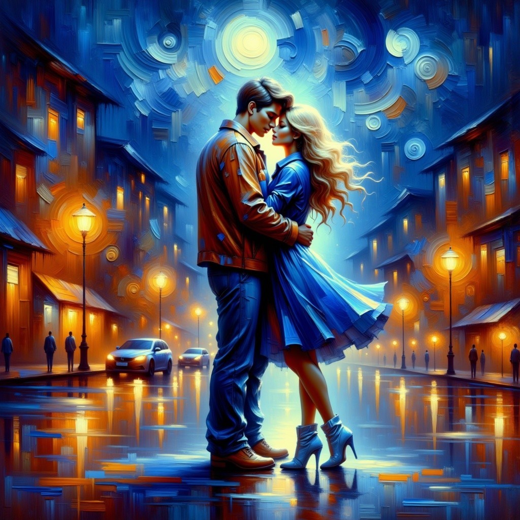 Romantic Nighttime Embrace in Abstract Art Print