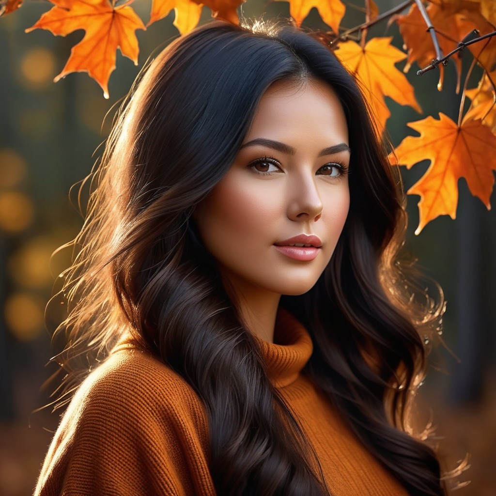 Young woman in autumn foliage with golden sunlight