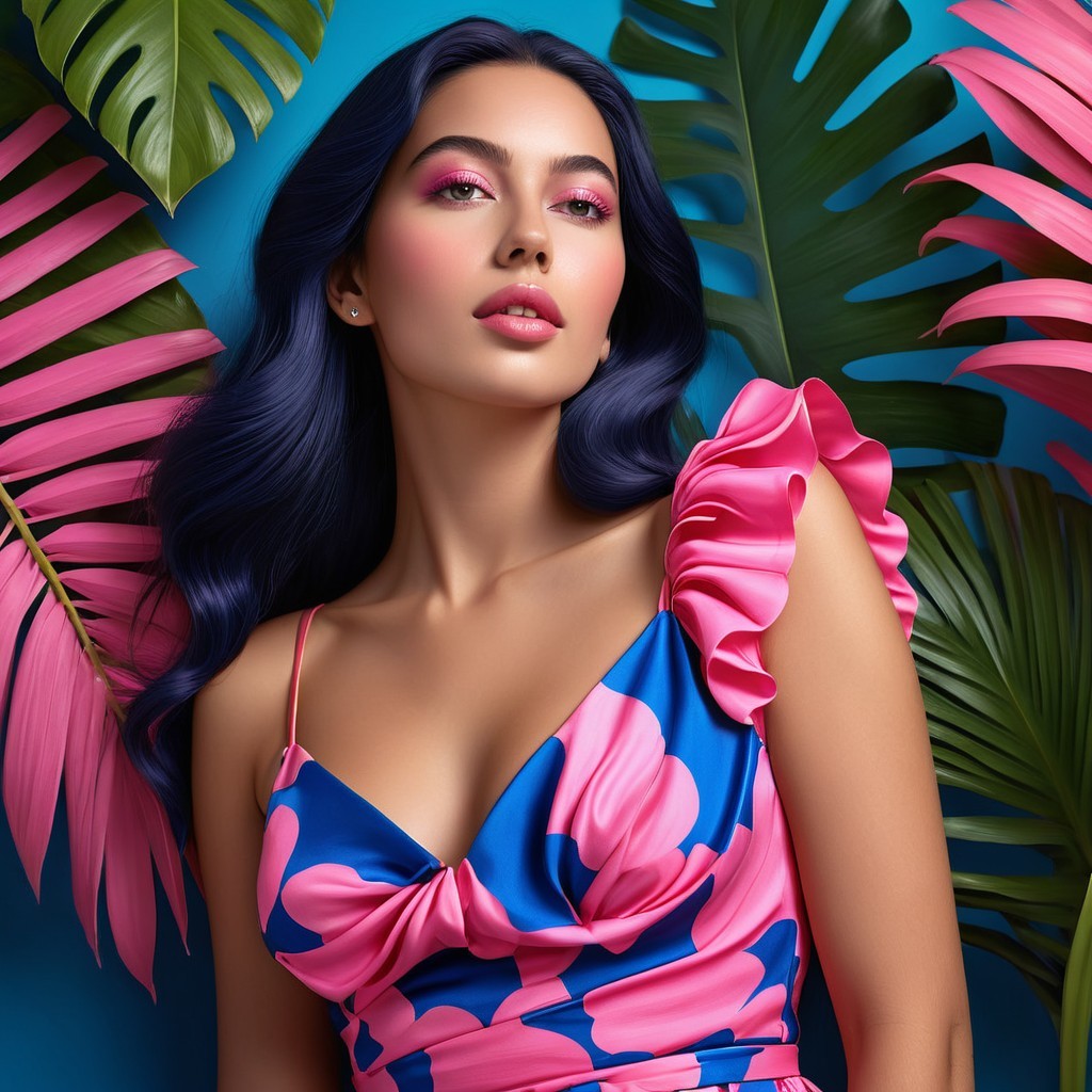 Portrait of a Woman in Colorful Dress Against Blue Background