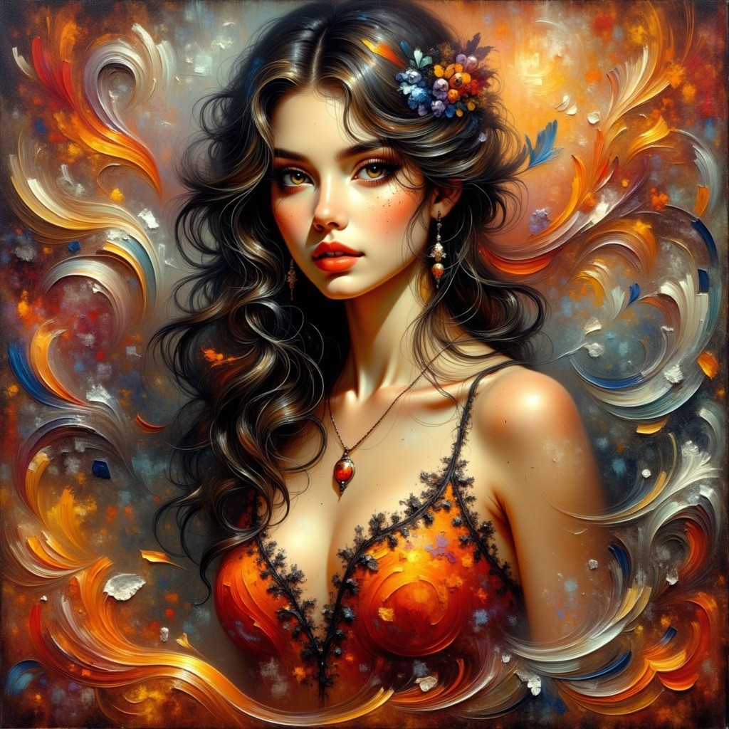 Young Woman in Orange Dress with Floral Accessory