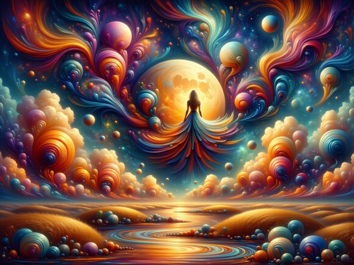 Surreal Landscape with Woman and Celestial Elements
