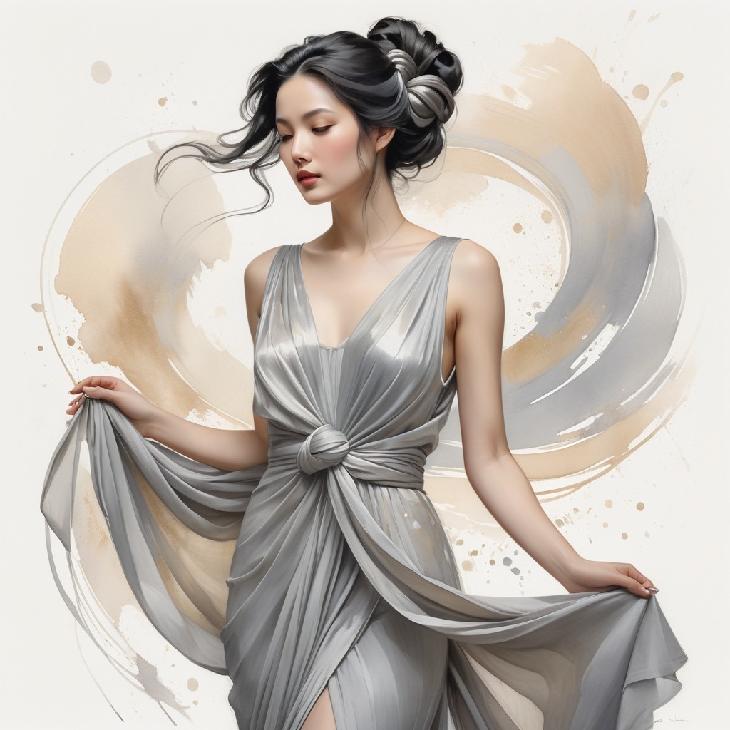 Elegant Woman in Flowing Silver Gown with Soft Waves