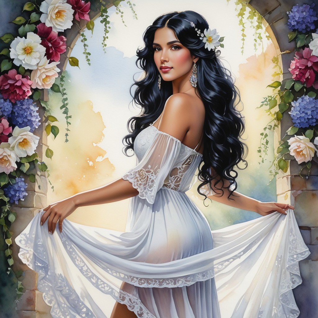 Young Woman in White Dress Amidst Colorful Flowers
