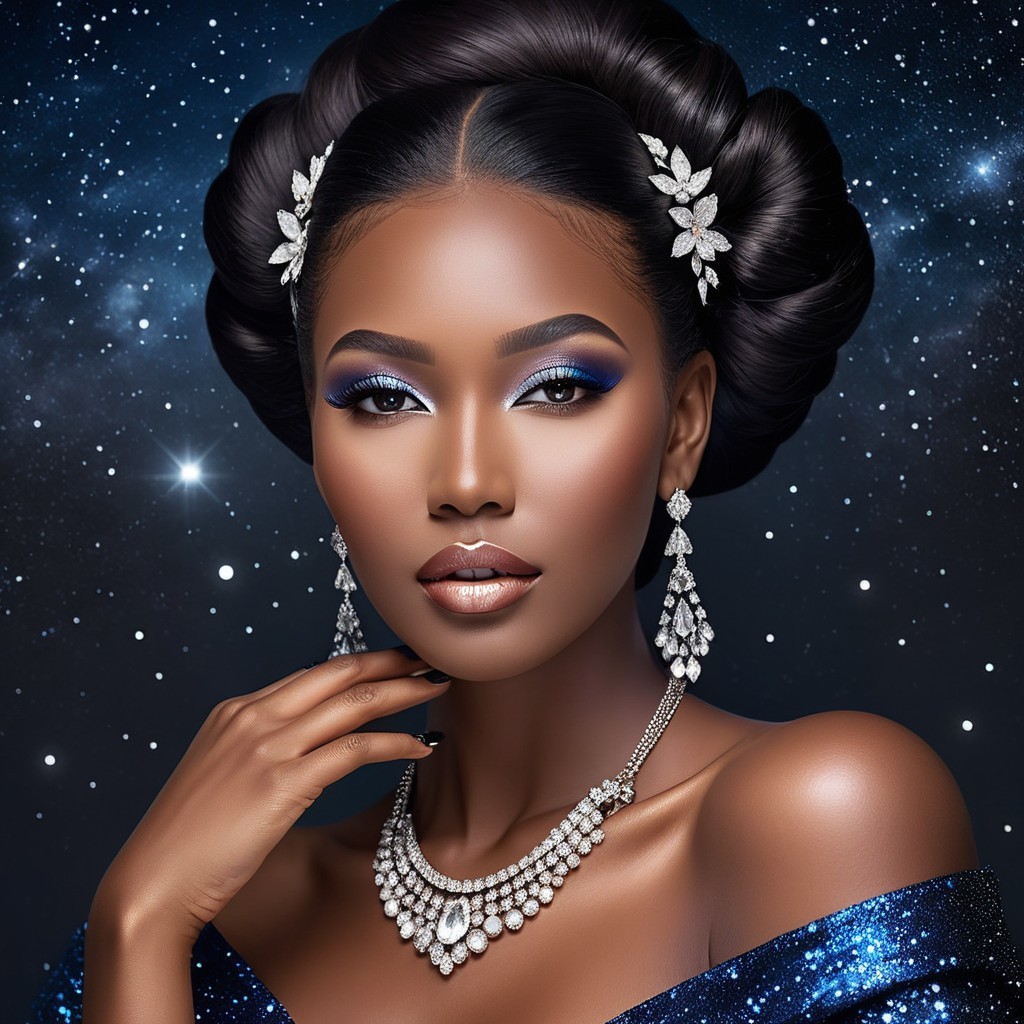 Model with Elegant Updo Against Starry Background