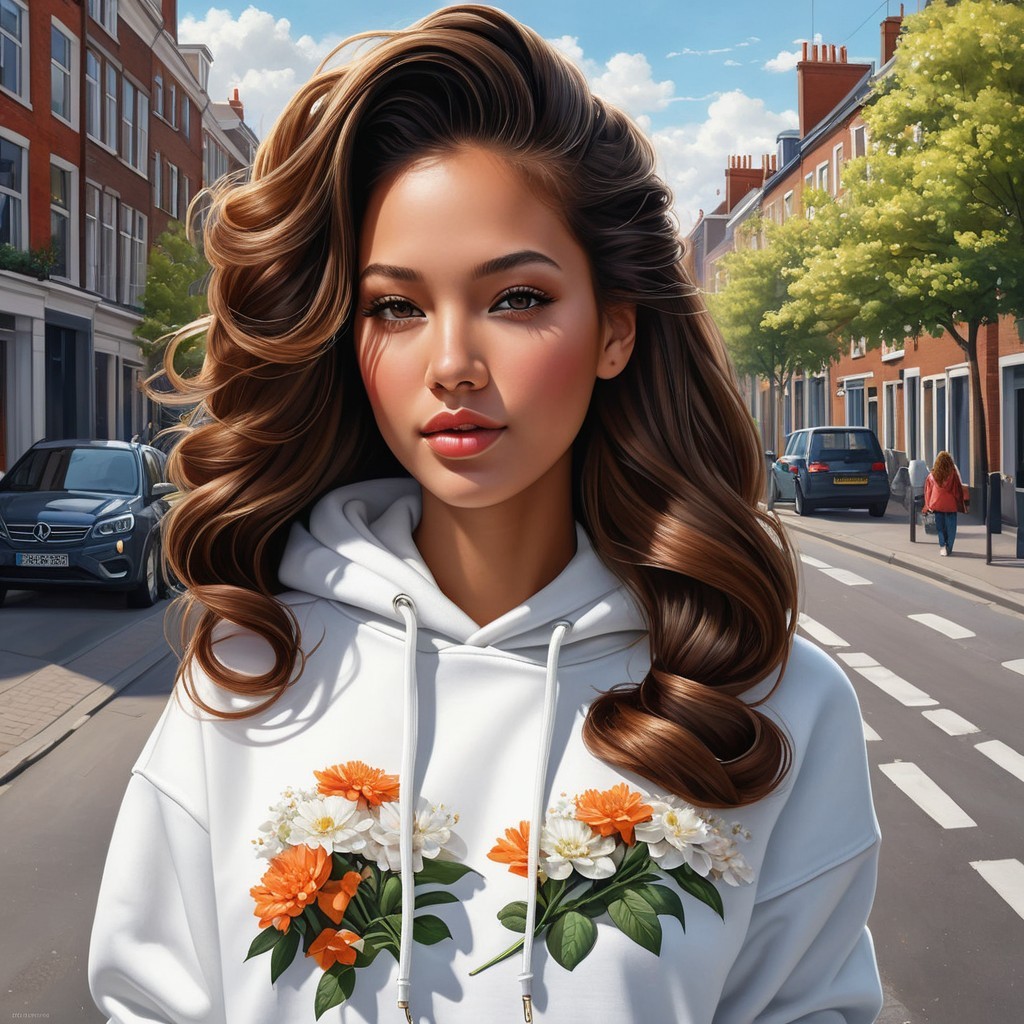Young woman in floral hoodie on urban street