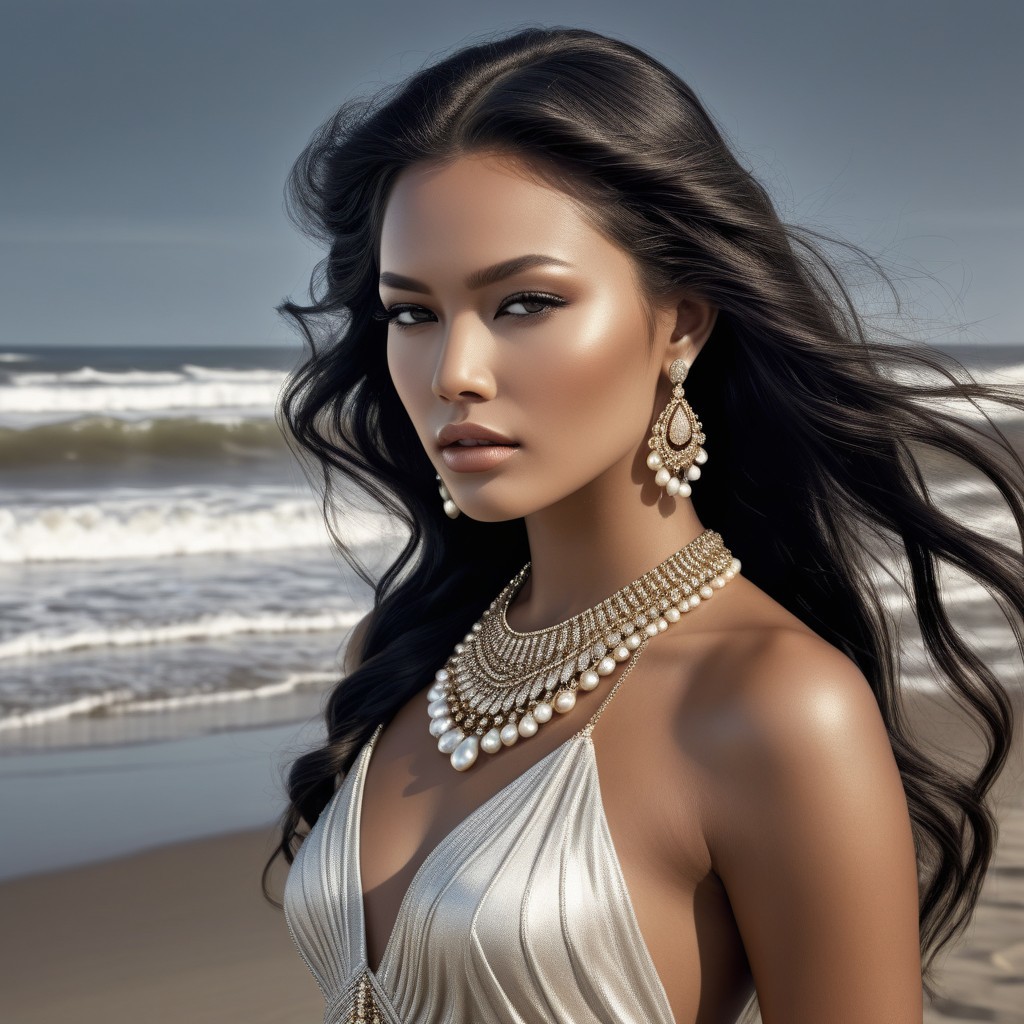 Model in Silver Dress by Serene Beach Waves