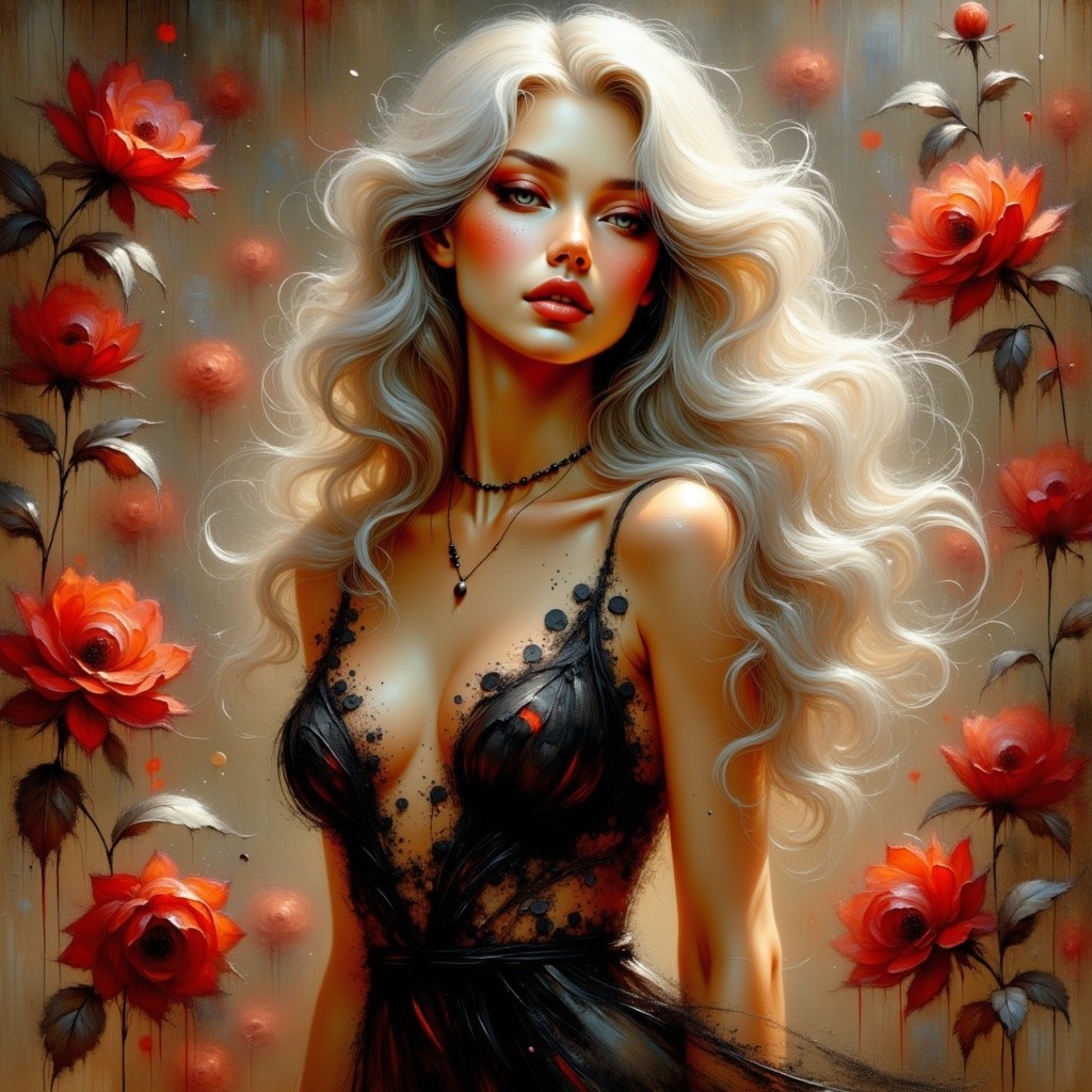 Elegant Woman in Black Dress Surrounded by Roses
