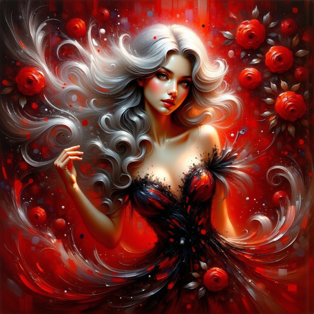 Digital Painting of a Woman in Black and Red Gown