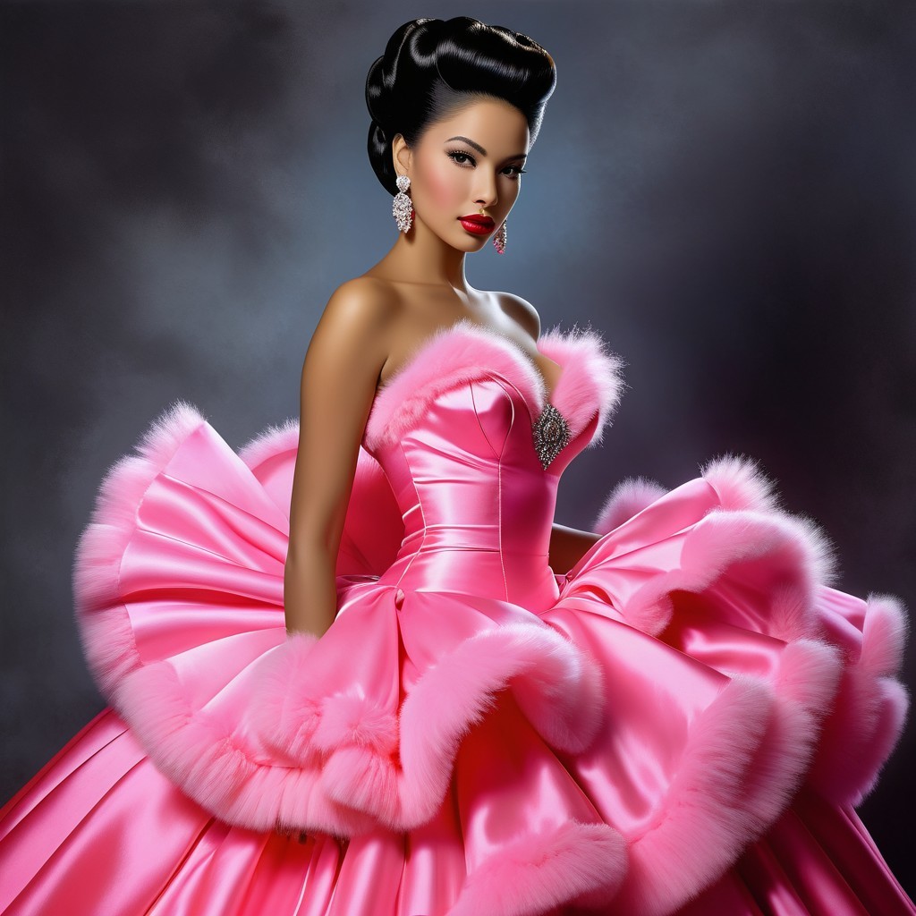 Extravagant Pink Gown with White Trim and Elegant Styling