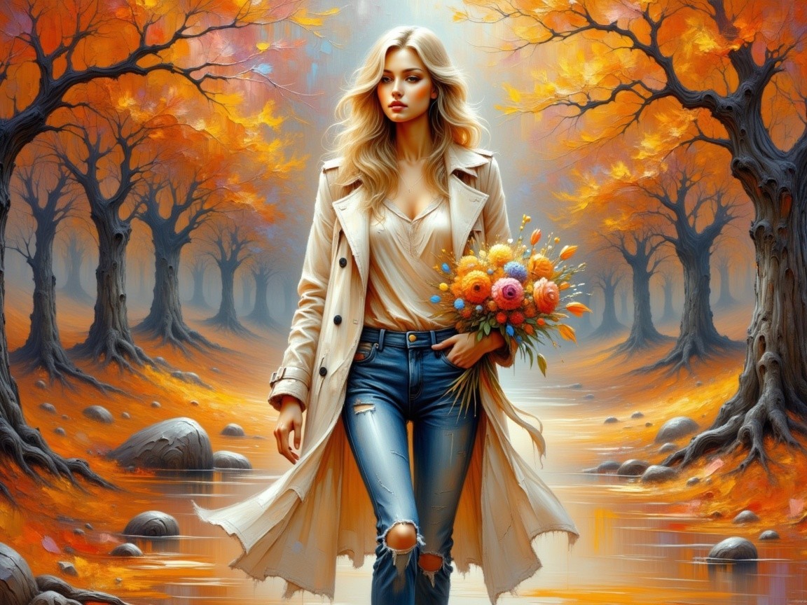 Fair-Skinned Woman in Autumn Forest with Flowers