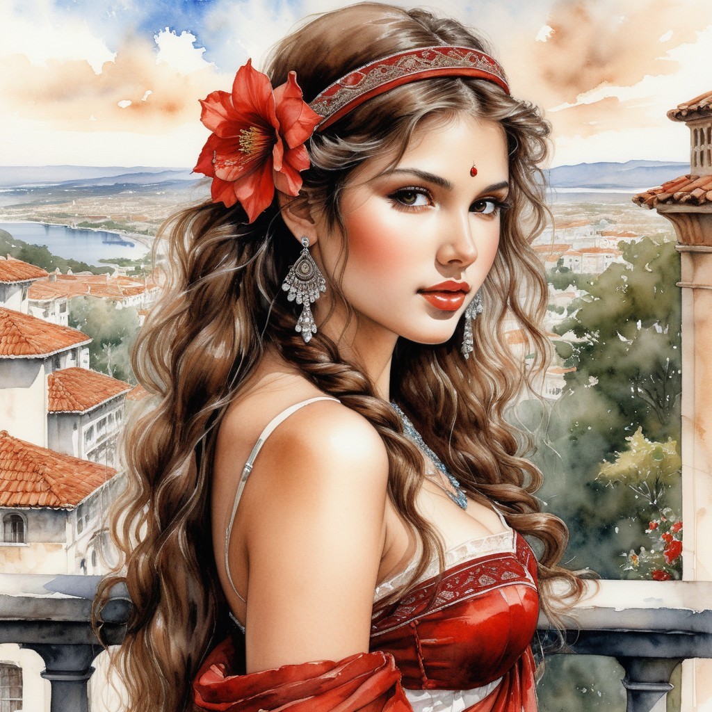 Young Woman in Red Attire Over Scenic Landscape
