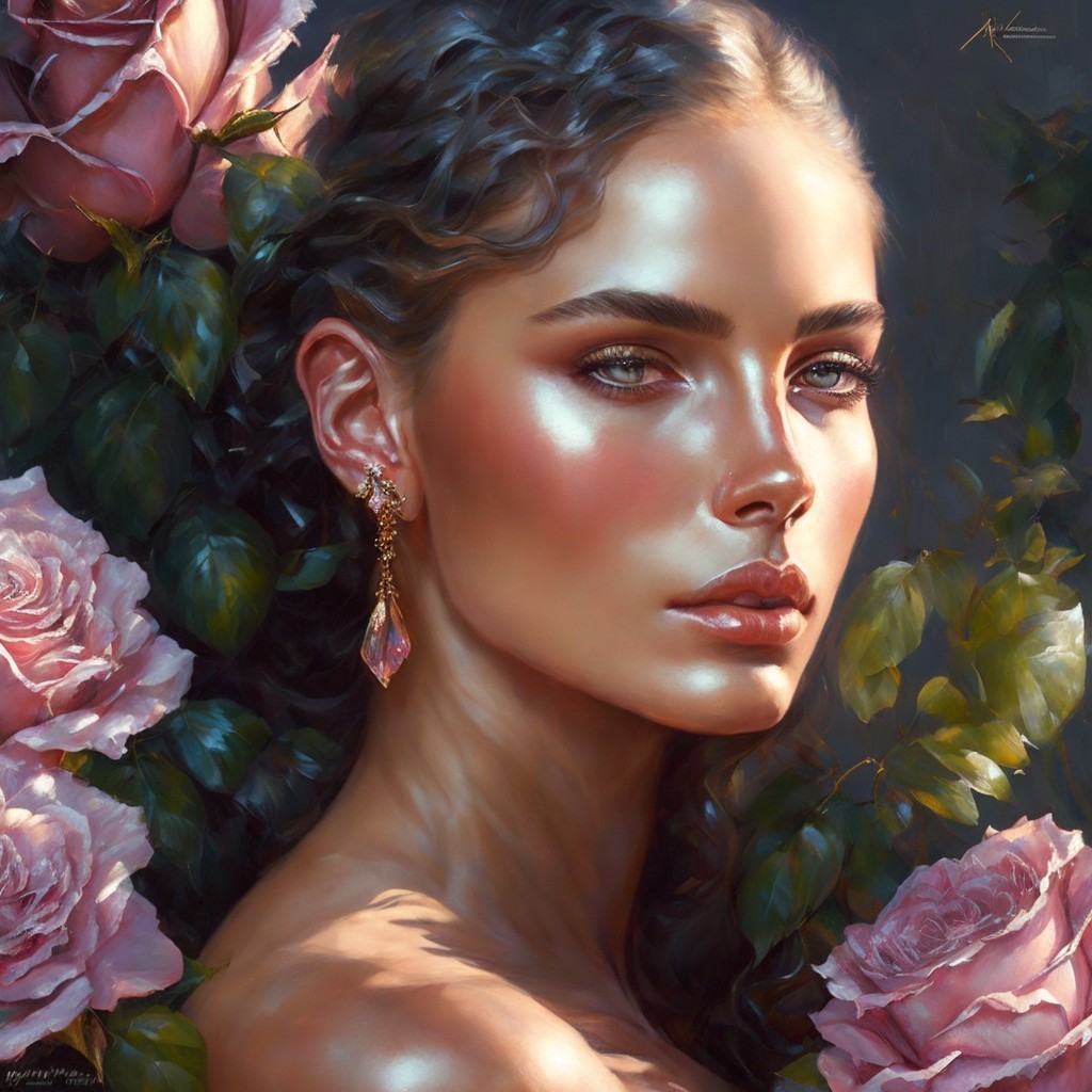 Ethereal Woman with Glowing Skin and Pink Roses