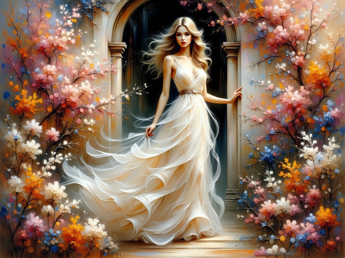 Elegant Woman in Ethereal Gown at Floral Archway