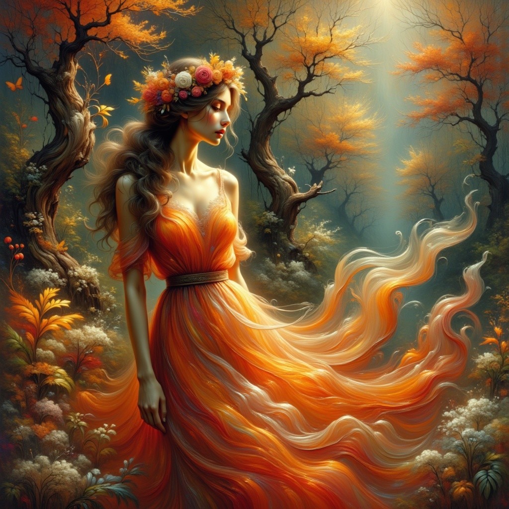 Woman in Orange Dress in Enchanted Autumn Forest