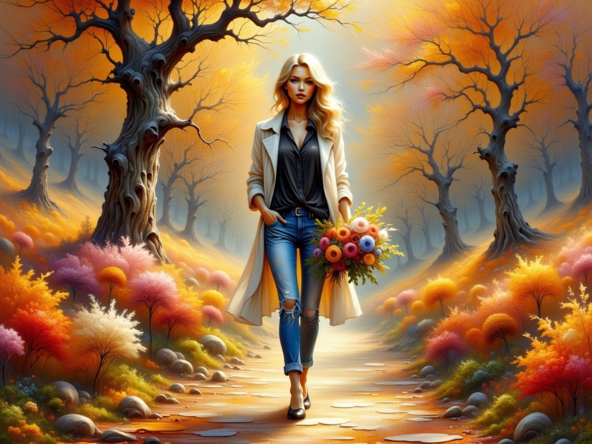 Blonde Woman with Flowers in Autumn Forest Setting
