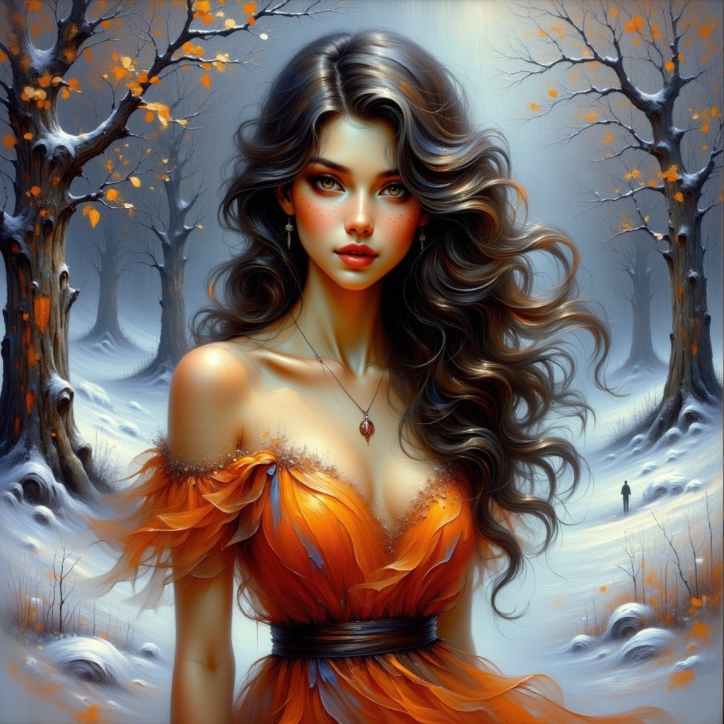 Elegant Woman in Orange Gown in Winter Forest