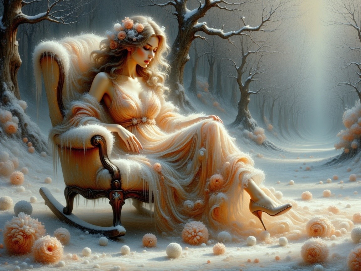 Blonde Woman in Cream Dress in Snowy Forest Setting