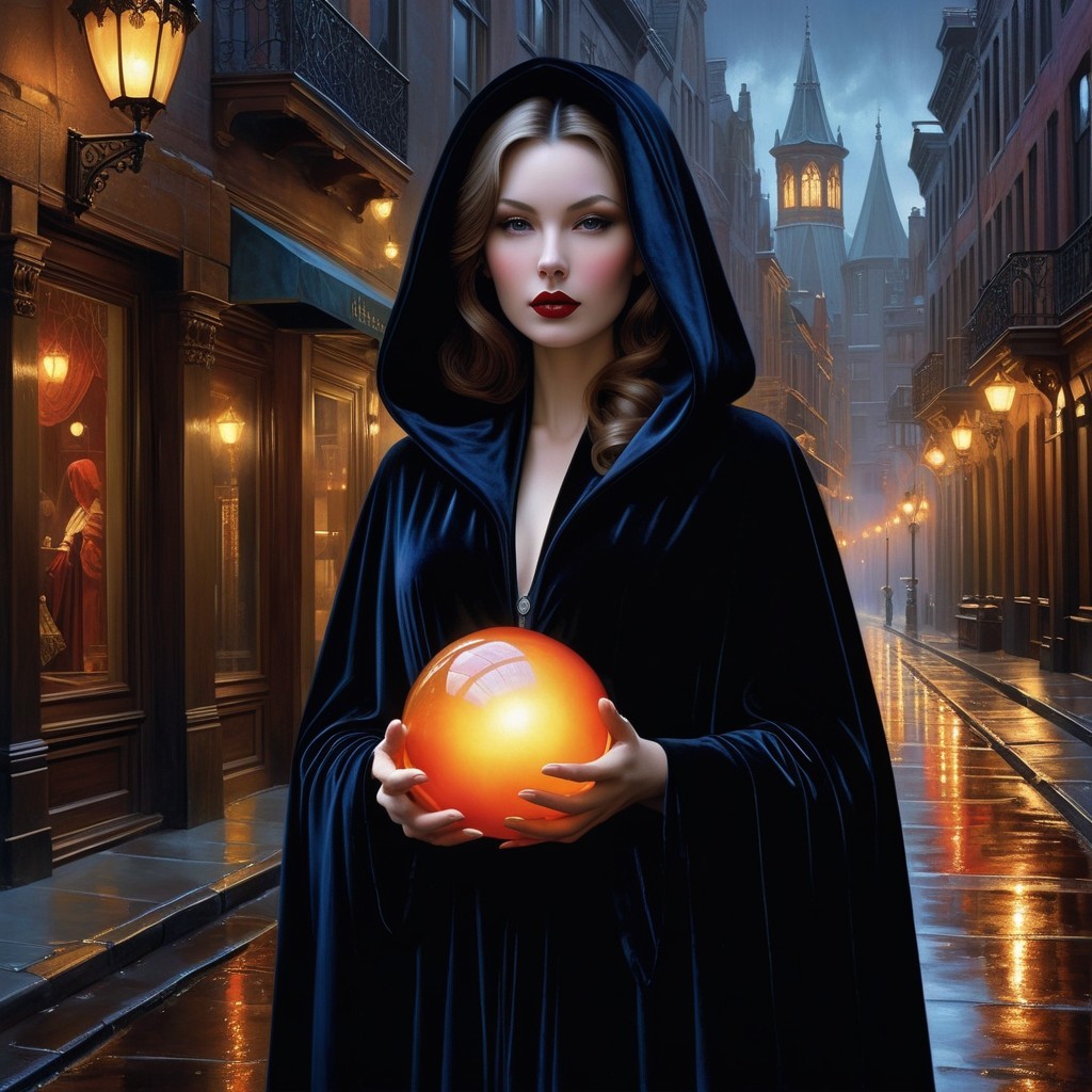 Mysterious Figure in Cloak on Cobblestone Street