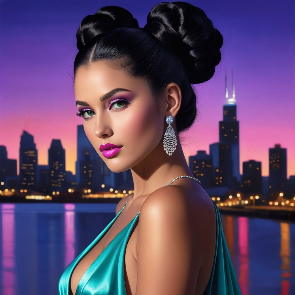 Glamorous Woman in Teal Gown Against City Skyline