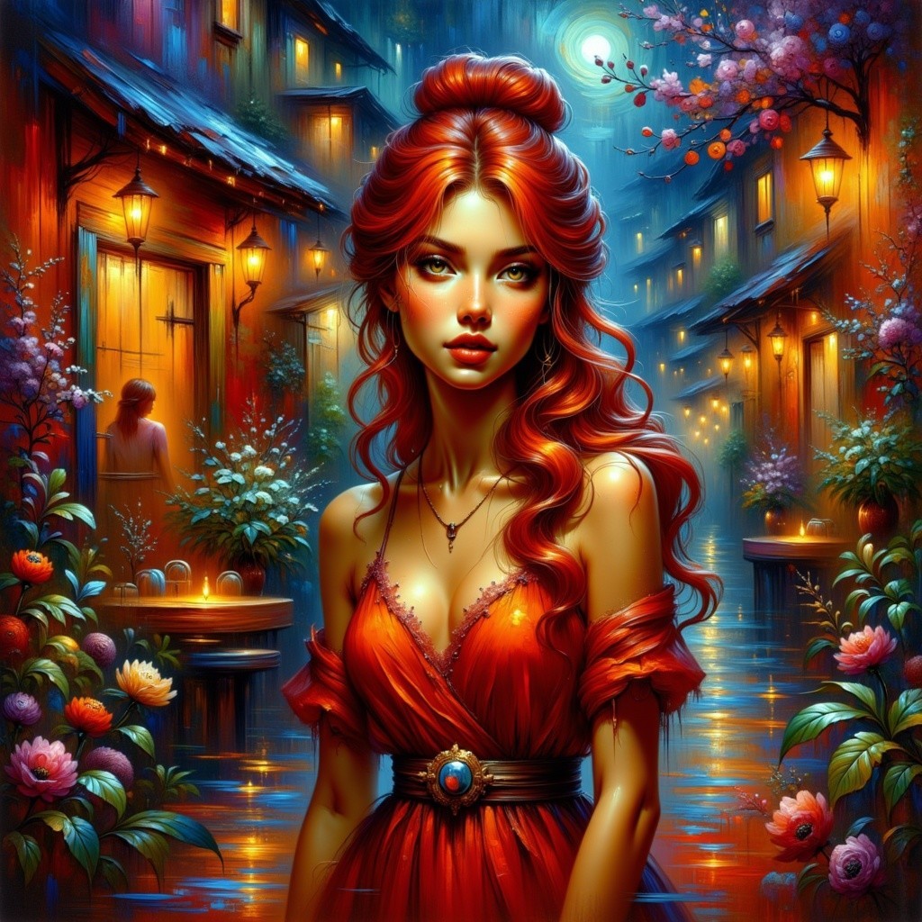 Vibrant Moonlit Street with a Confident Young Woman