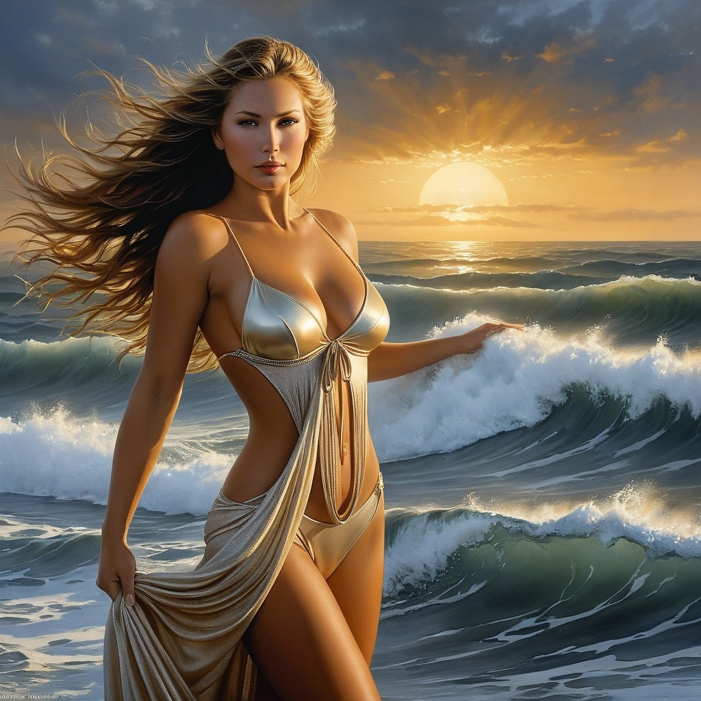 Woman in Gold Swimsuit at Sunset on Shoreline