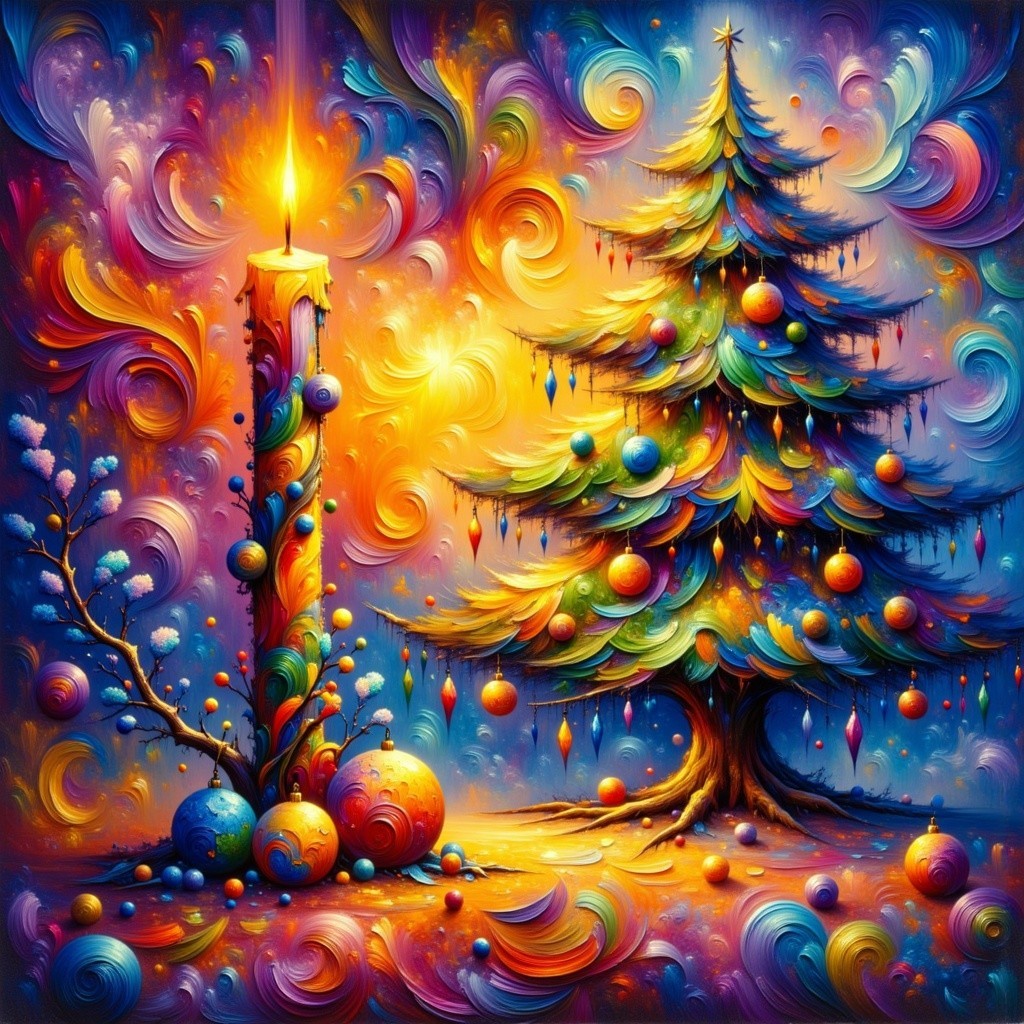 Festive Holiday Scene with Colorful Candle and Tree