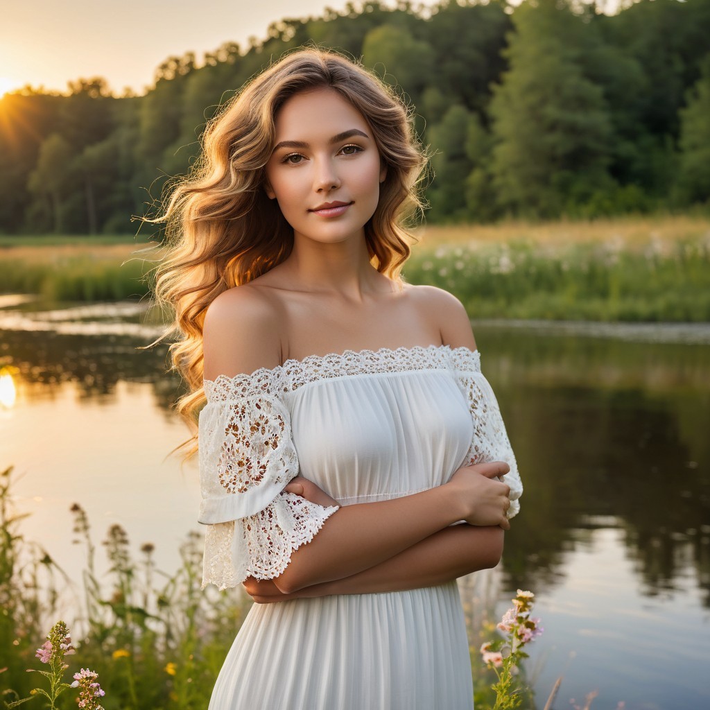Young Woman by River in Golden Sunset Light
