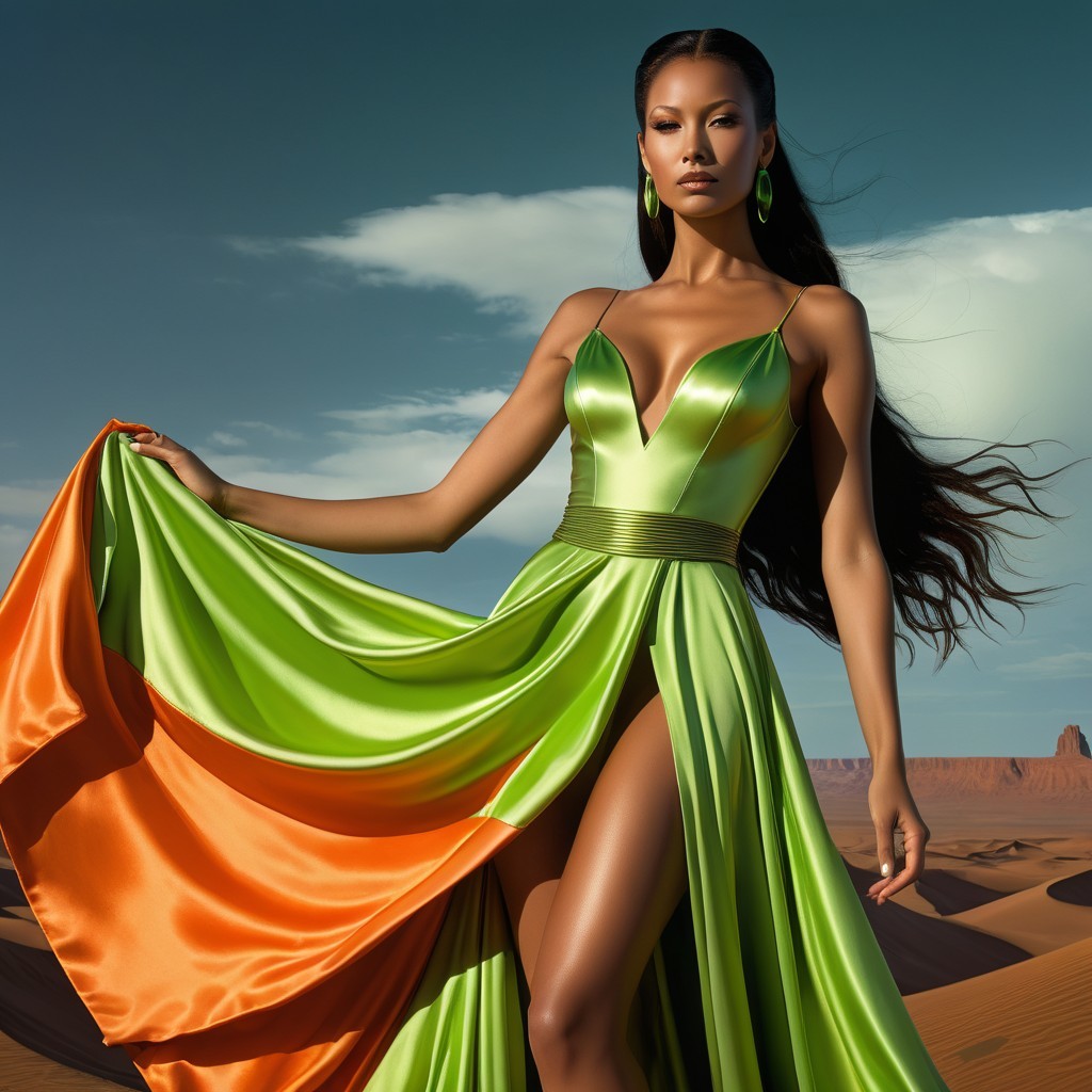 Elegant Model in Vibrant Green and Orange Gown