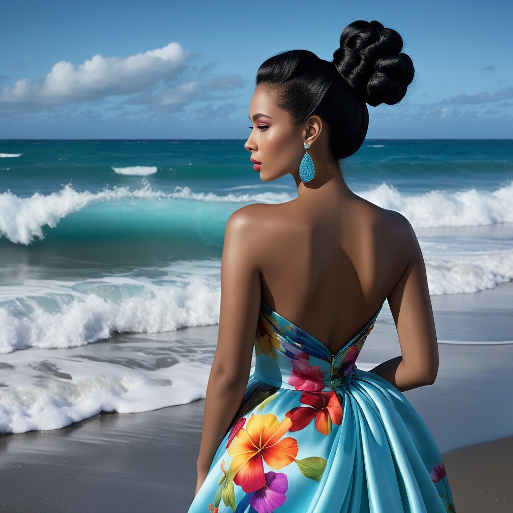 Elegant Woman in Floral Dress at Beach Edge
