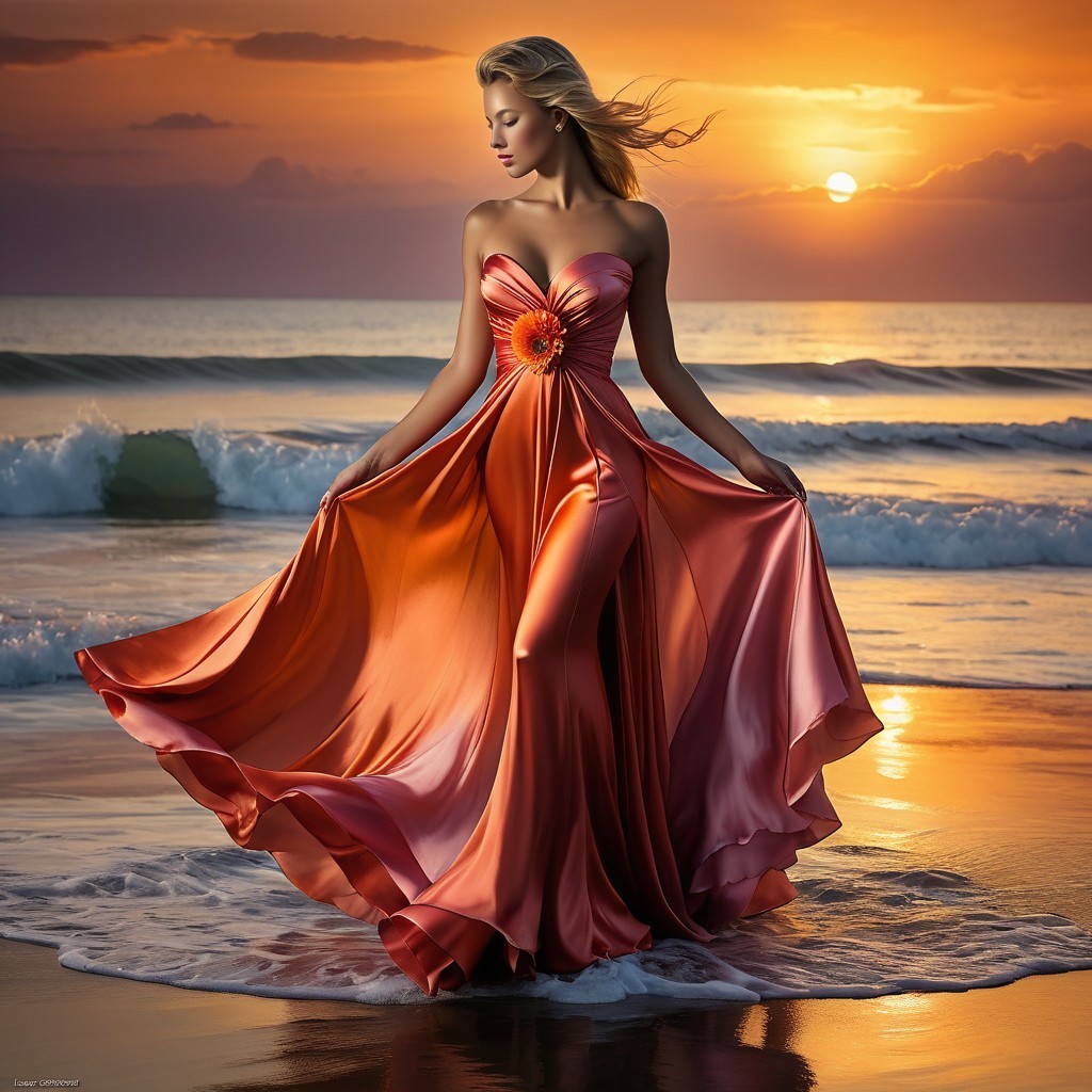 Woman in flowing gown on beach at sunset