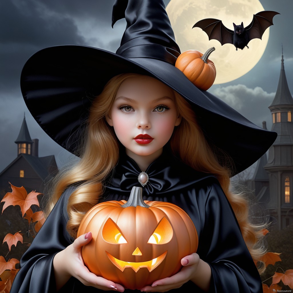 Young witch with pumpkin in a Halloween landscape