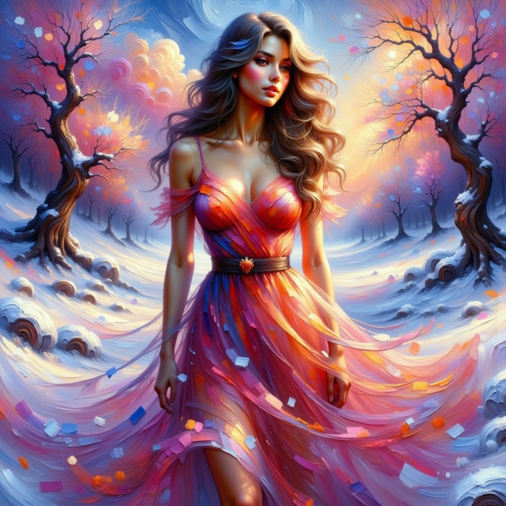 Young woman in vibrant dress in snowy landscape