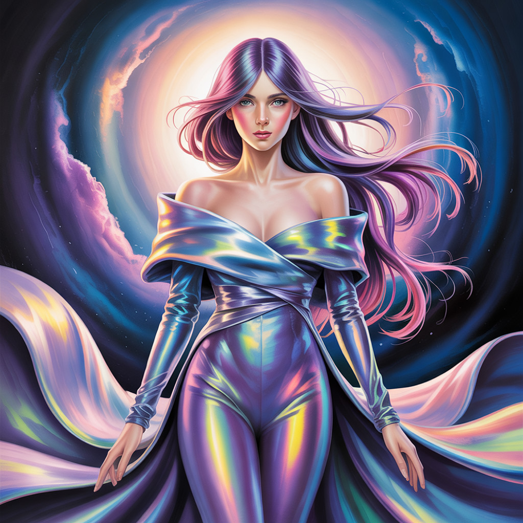 Cosmic Figure with Iridescent Outfit and Galaxies