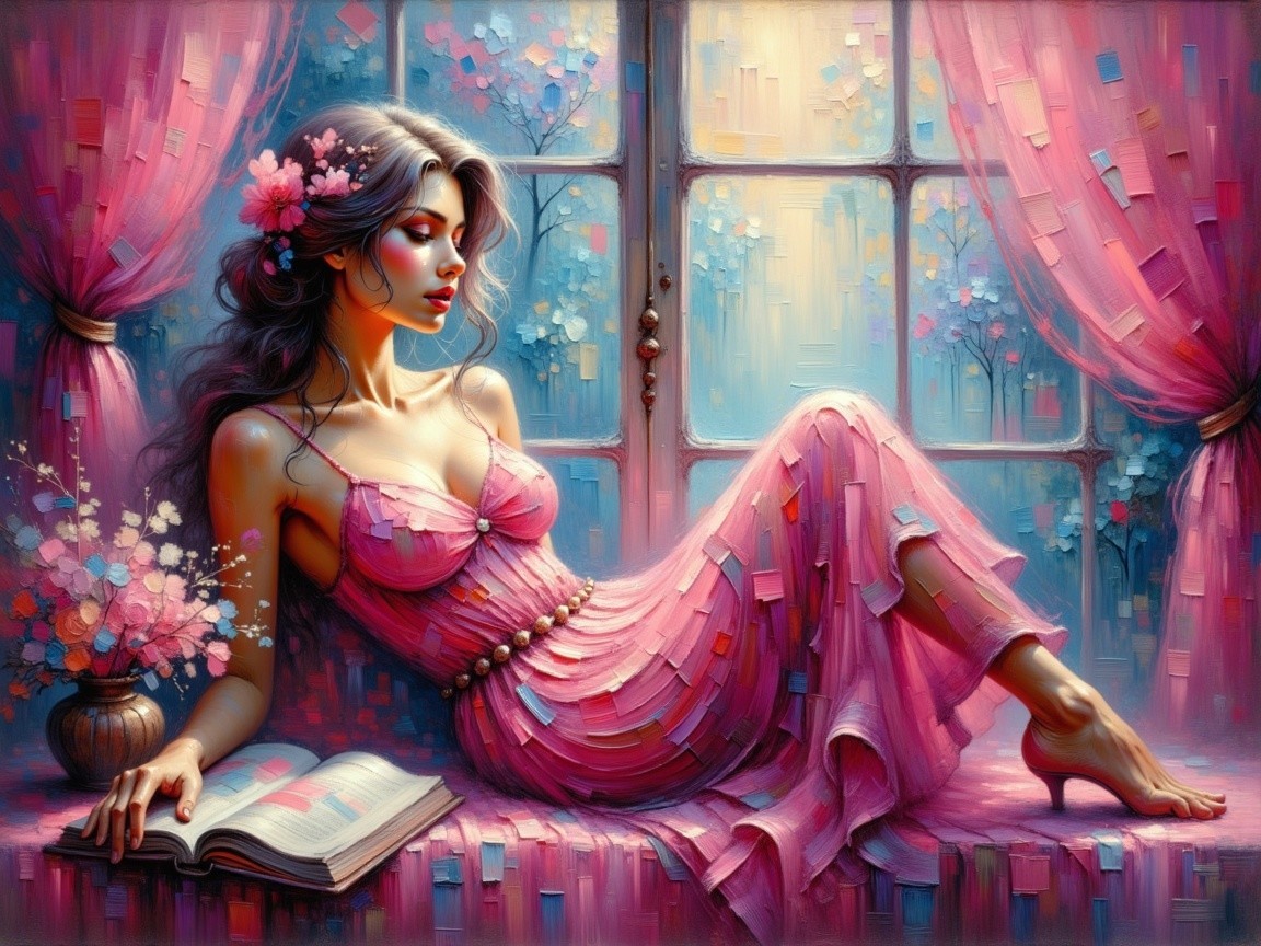 Elegant Woman in Pink Dress by a Flowered Window