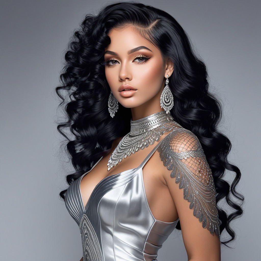Elegant Portrait of a Woman in Silver Dress and Curls