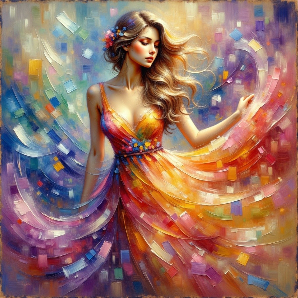 Colorful Painting of Woman in Rainbow Dress and Abstract Background