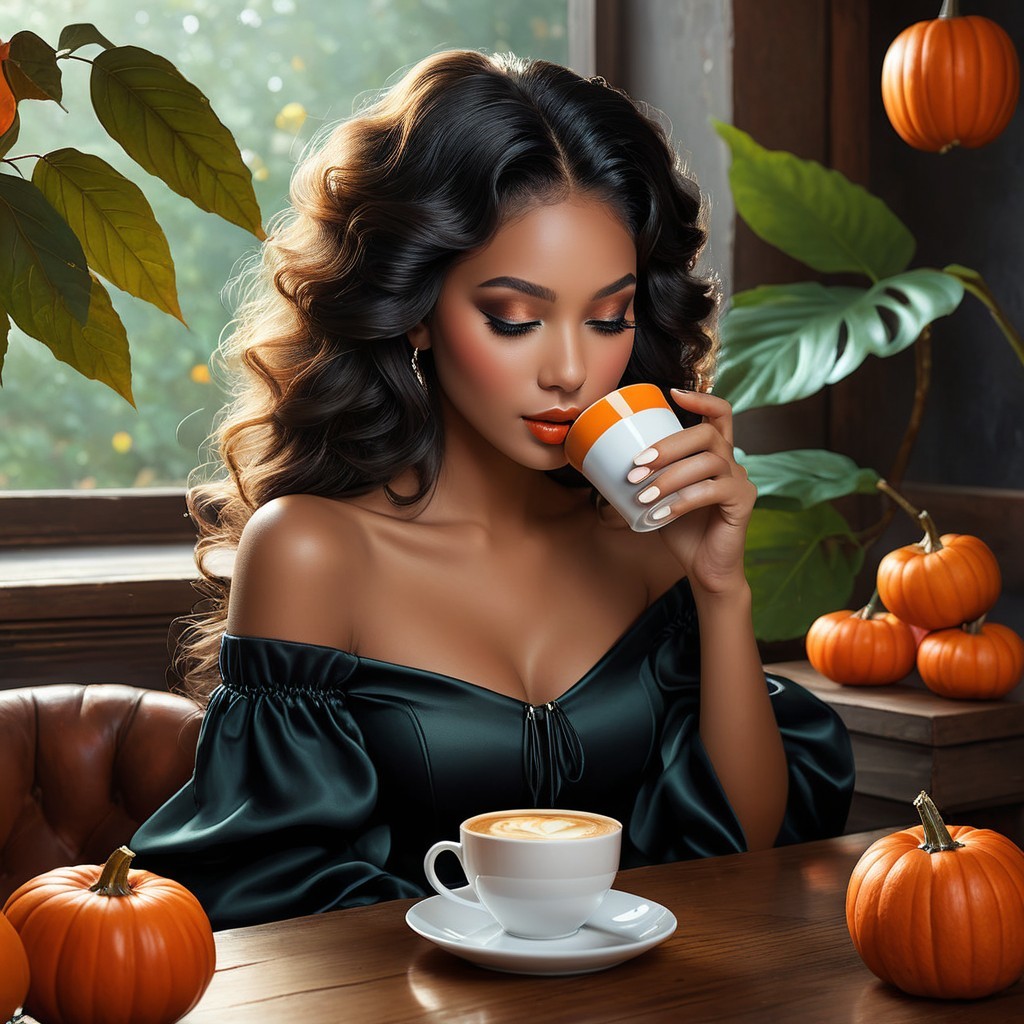 Stylish Woman Enjoying Coffee Surrounded by Pumpkins